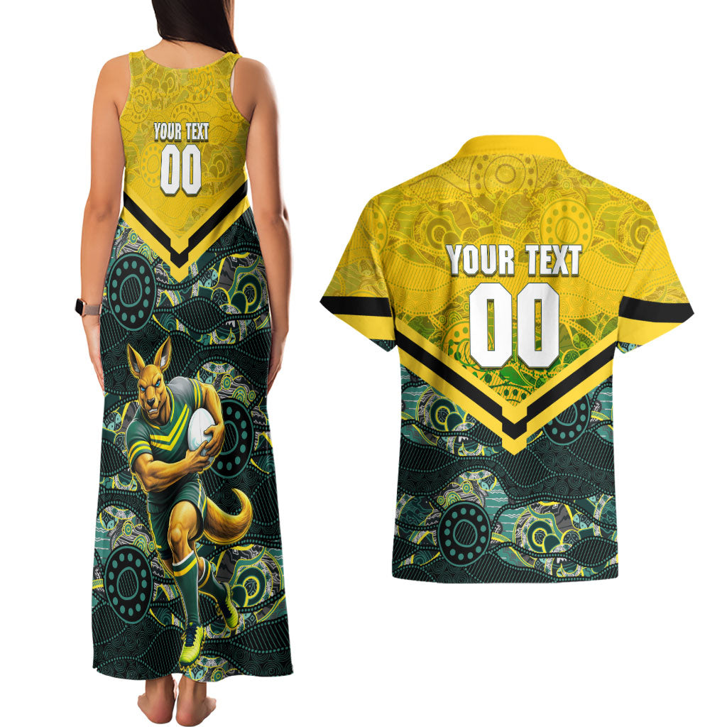 Personalised Kangaroos Rugby Couples Matching Tank Maxi Dress and Hawaiian Shirt Aboriginal Pattern Australia Colors Tribal Sports