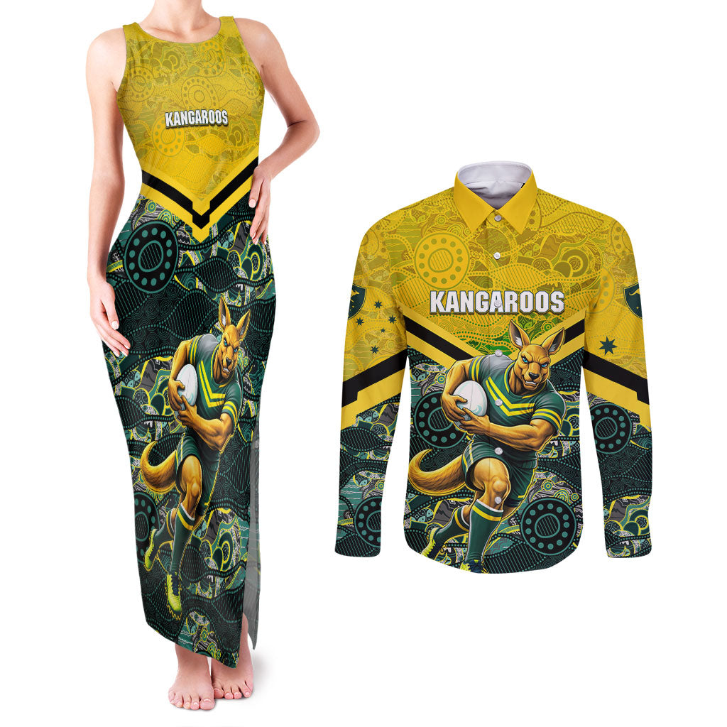 Personalised Kangaroos Rugby Couples Matching Tank Maxi Dress and Long Sleeve Button Shirt Aboriginal Pattern Australia Colors Tribal Sports