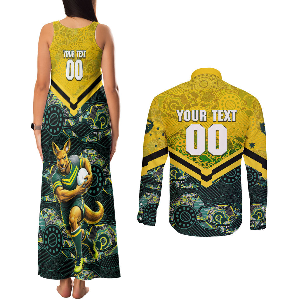 Personalised Kangaroos Rugby Couples Matching Tank Maxi Dress and Long Sleeve Button Shirt Aboriginal Pattern Australia Colors Tribal Sports
