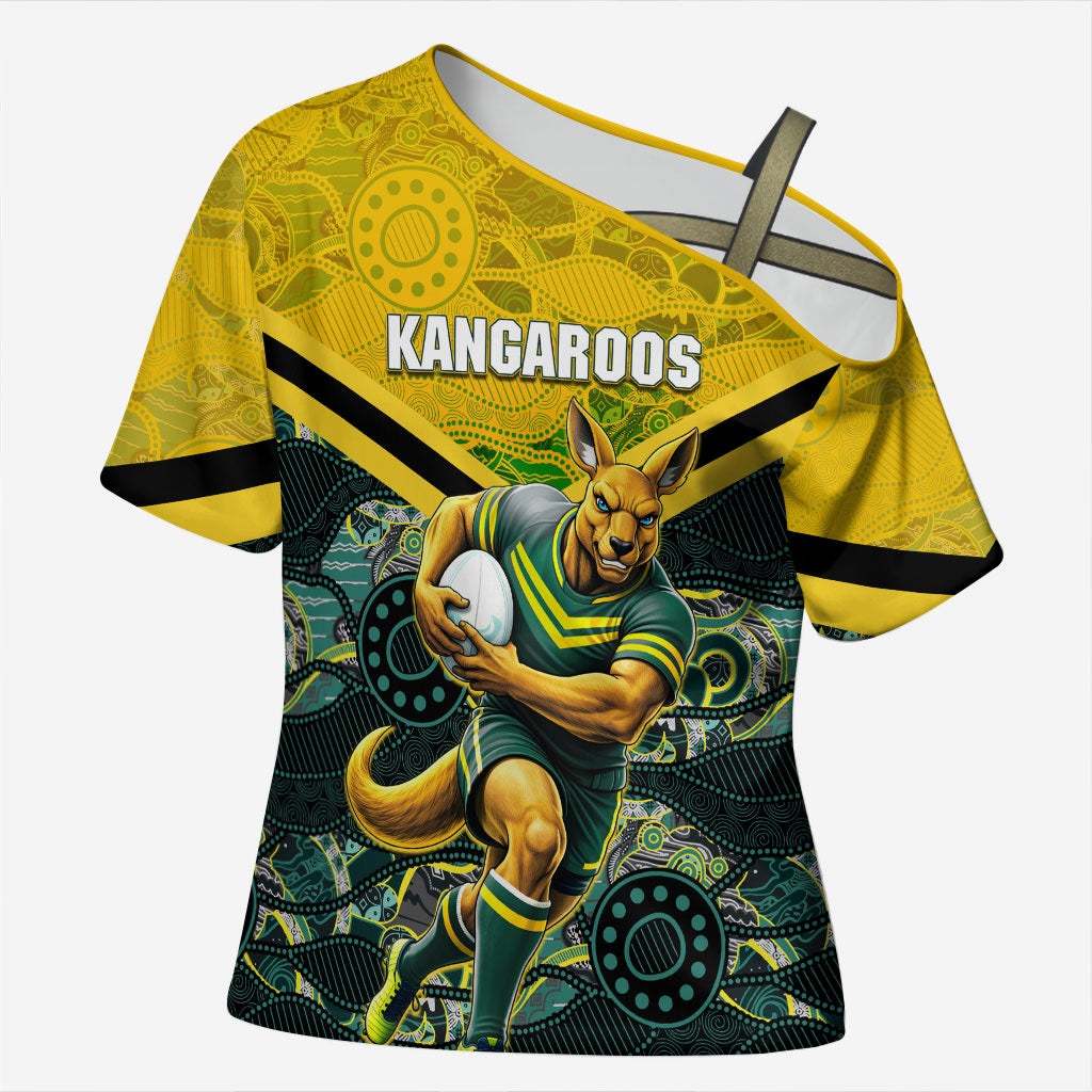 Personalised Kangaroos Rugby Cross Shoulder Shirt Aboriginal Pattern Australia Colors Tribal Sports