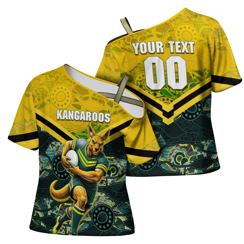 Personalised Kangaroos Rugby Cross Shoulder Shirt Aboriginal Pattern Australia Colors Tribal Sports