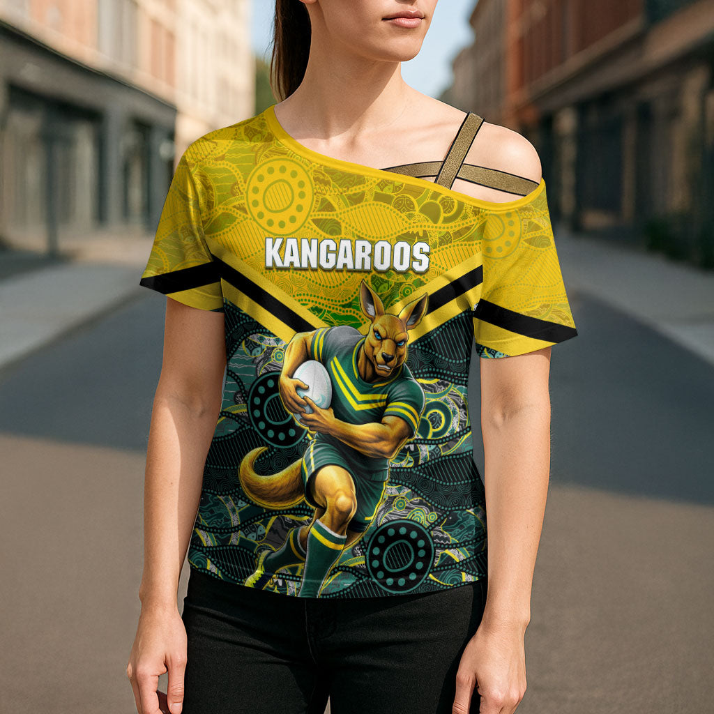 Personalised Kangaroos Rugby Cross Shoulder Shirt Aboriginal Pattern Australia Colors Tribal Sports