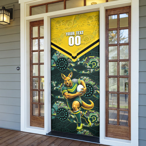 Personalised Kangaroos Rugby Door Cover Aboriginal Pattern Australia Colors Tribal Sports