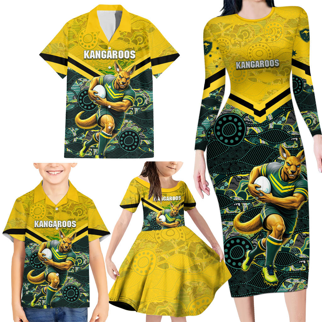 Personalised Kangaroos Rugby Family Matching Long Sleeve Bodycon Dress and Hawaiian Shirt Aboriginal Pattern Australia Colors Tribal Sports