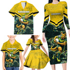 Personalised Kangaroos Rugby Family Matching Long Sleeve Bodycon Dress and Hawaiian Shirt Aboriginal Pattern Australia Colors Tribal Sports