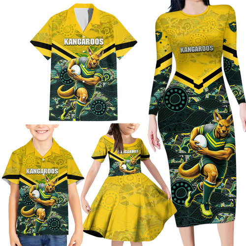 Personalised Kangaroos Rugby Family Matching Long Sleeve Bodycon Dress and Hawaiian Shirt Aboriginal Pattern Australia Colors Tribal Sports