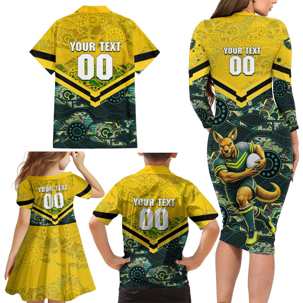Personalised Kangaroos Rugby Family Matching Long Sleeve Bodycon Dress and Hawaiian Shirt Aboriginal Pattern Australia Colors Tribal Sports