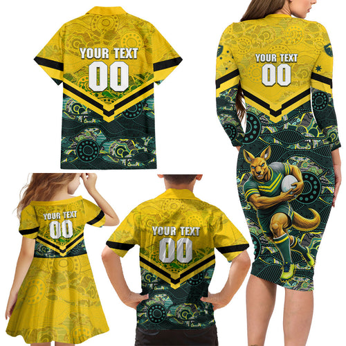 Personalised Kangaroos Rugby Family Matching Long Sleeve Bodycon Dress and Hawaiian Shirt Aboriginal Pattern Australia Colors Tribal Sports