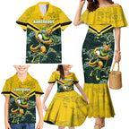 Personalised Kangaroos Rugby Family Matching Mermaid Dress and Hawaiian Shirt Aboriginal Pattern Australia Colors Tribal Sports