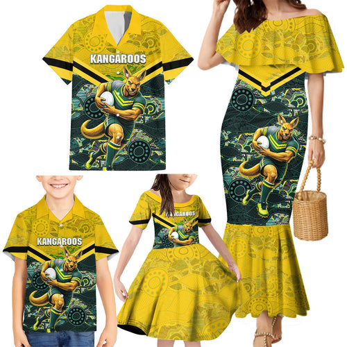 Personalised Kangaroos Rugby Family Matching Mermaid Dress and Hawaiian Shirt Aboriginal Pattern Australia Colors Tribal Sports