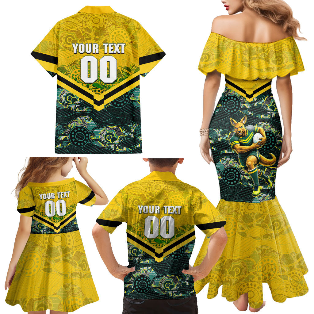 Personalised Kangaroos Rugby Family Matching Mermaid Dress and Hawaiian Shirt Aboriginal Pattern Australia Colors Tribal Sports