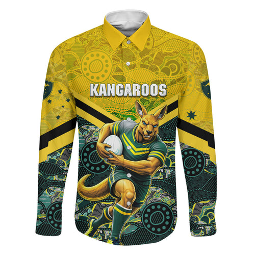 Personalised Kangaroos Rugby Family Matching Mermaid Dress and Hawaiian Shirt Aboriginal Pattern Australia Colors Tribal Sports