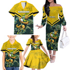 Personalised Kangaroos Rugby Family Matching Off The Shoulder Long Sleeve Dress and Hawaiian Shirt Aboriginal Pattern Australia Colors Tribal Sports