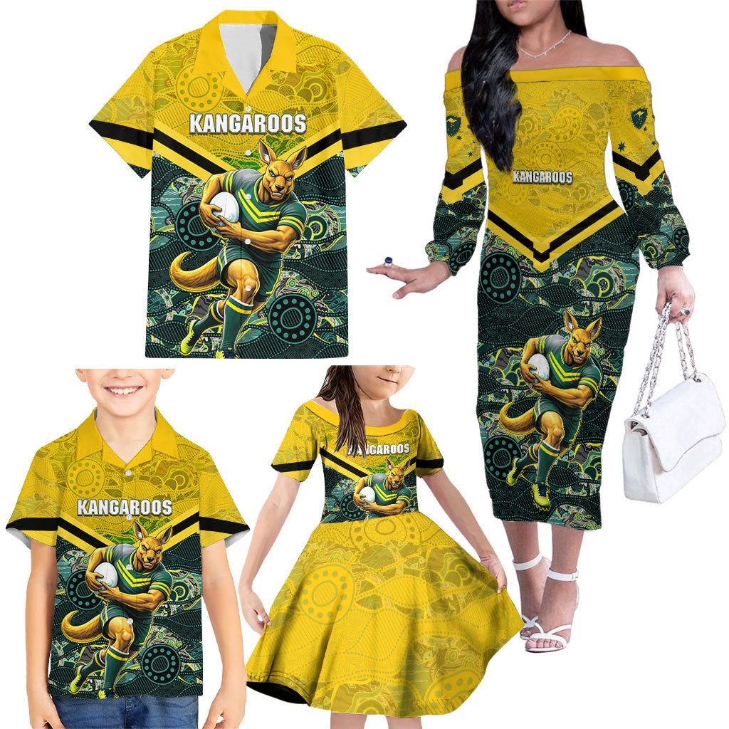 Personalised Kangaroos Rugby Family Matching Off The Shoulder Long Sleeve Dress and Hawaiian Shirt Aboriginal Pattern Australia Colors Tribal Sports