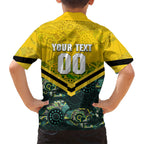 Personalised Kangaroos Rugby Family Matching Off The Shoulder Long Sleeve Dress and Hawaiian Shirt Aboriginal Pattern Australia Colors Tribal Sports