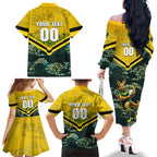 Personalised Kangaroos Rugby Family Matching Off The Shoulder Long Sleeve Dress and Hawaiian Shirt Aboriginal Pattern Australia Colors Tribal Sports
