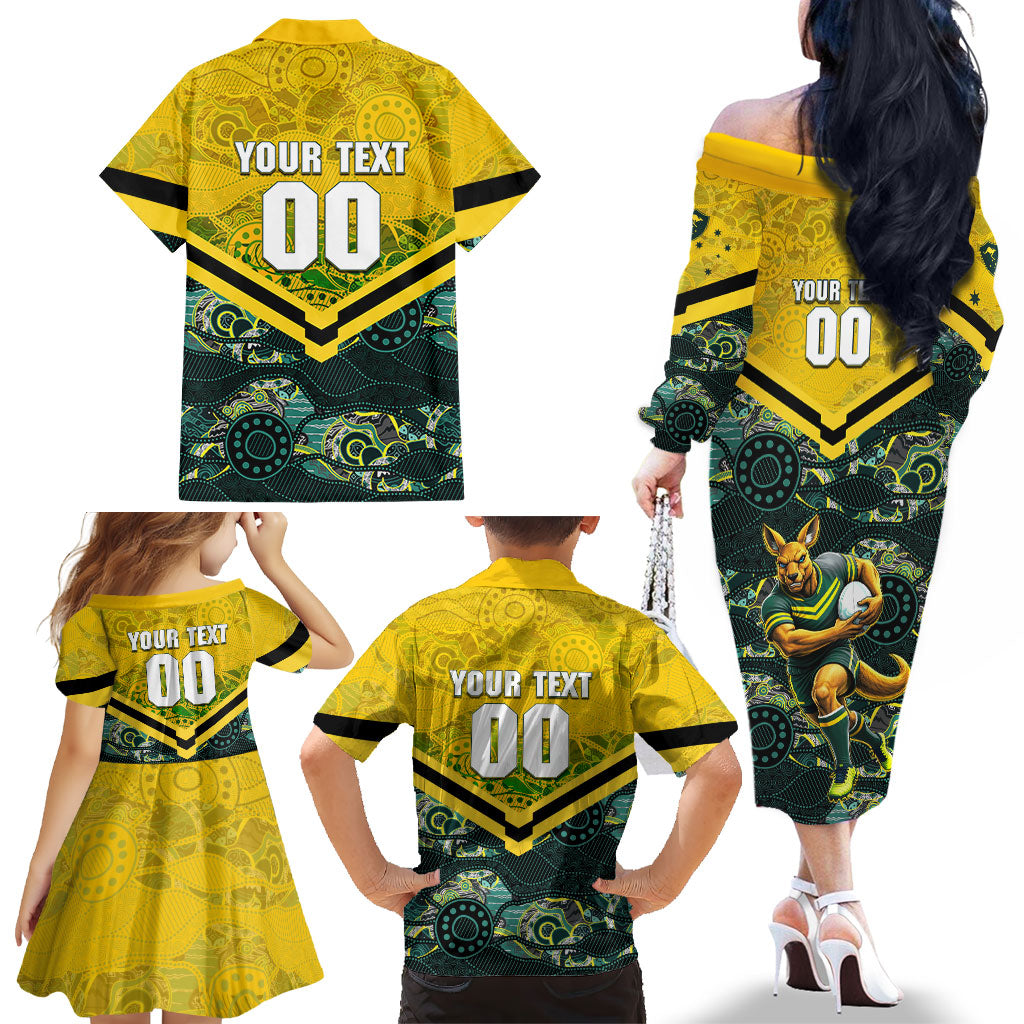 Personalised Kangaroos Rugby Family Matching Off The Shoulder Long Sleeve Dress and Hawaiian Shirt Aboriginal Pattern Australia Colors Tribal Sports