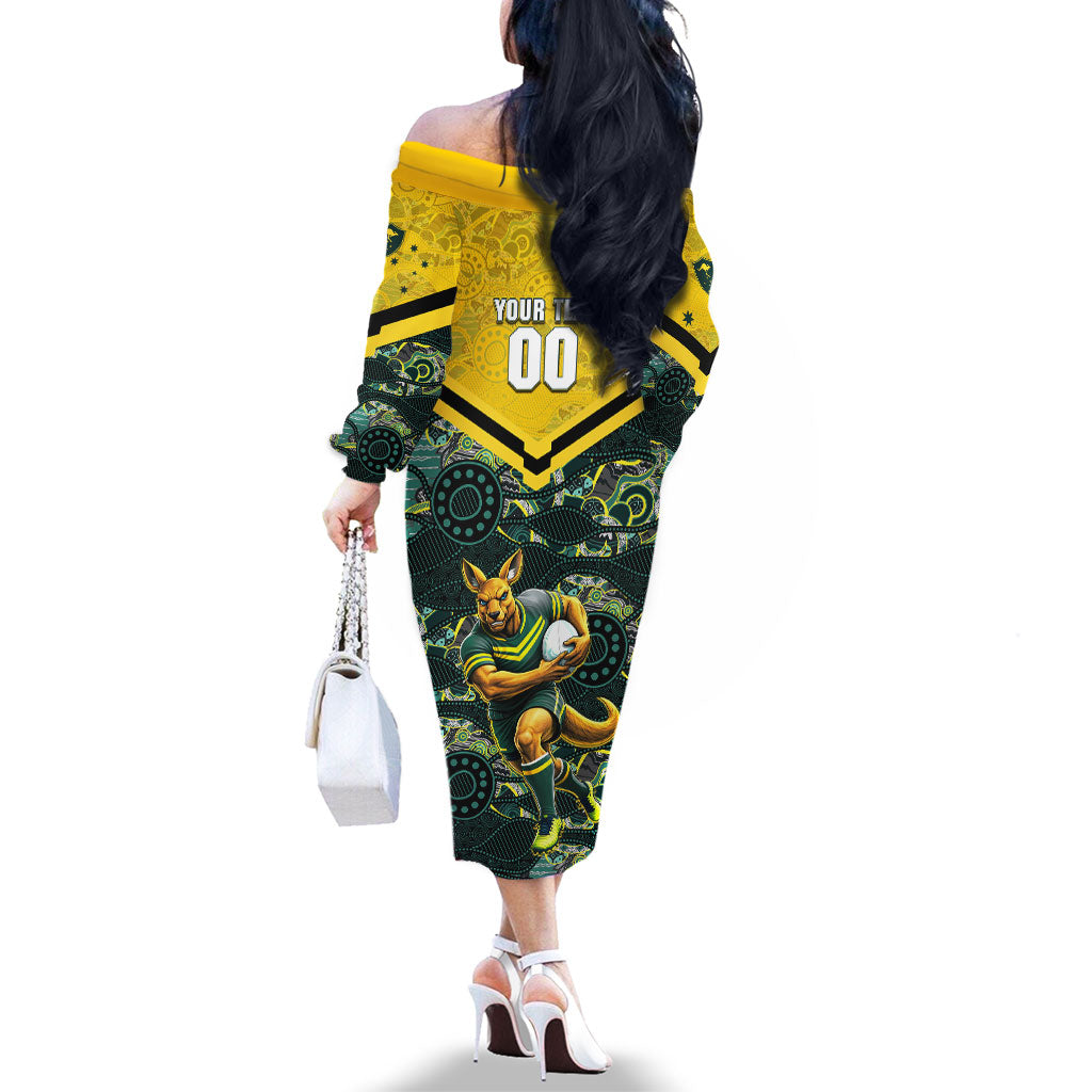 Personalised Kangaroos Rugby Family Matching Off The Shoulder Long Sleeve Dress and Hawaiian Shirt Aboriginal Pattern Australia Colors Tribal Sports