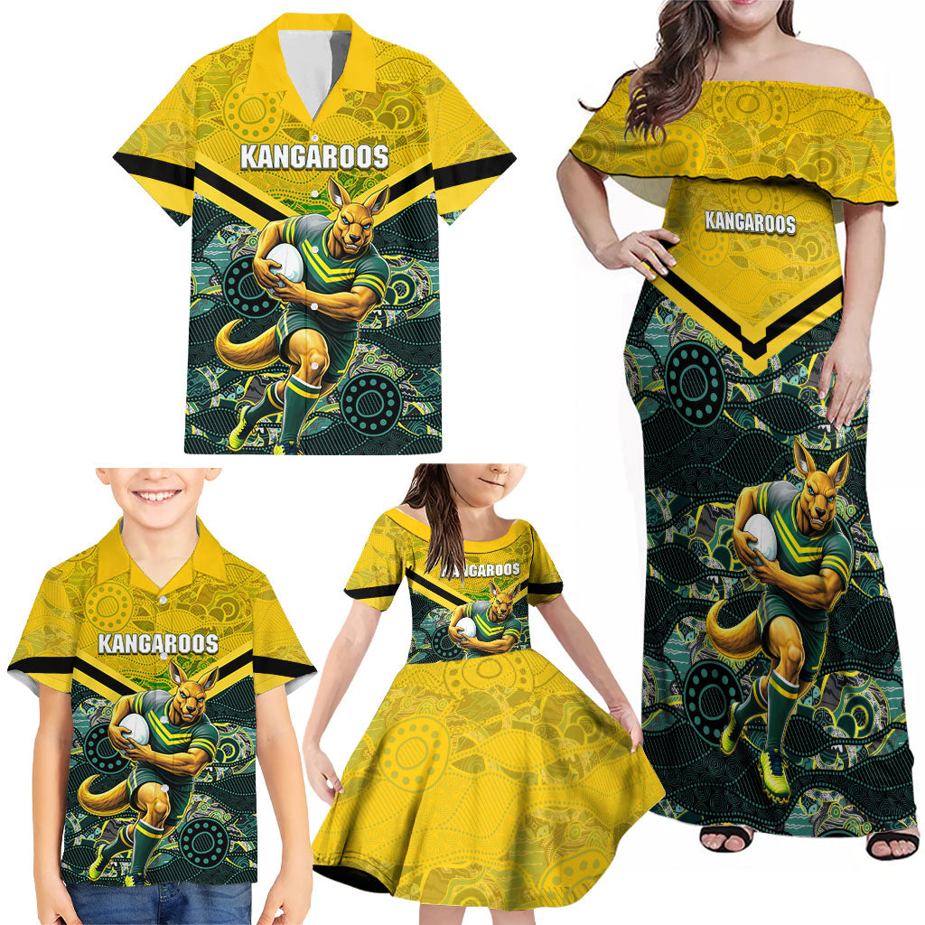 Personalised Kangaroos Rugby Family Matching Off Shoulder Maxi Dress and Hawaiian Shirt Aboriginal Pattern Australia Colors Tribal Sports