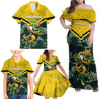 Personalised Kangaroos Rugby Family Matching Off Shoulder Maxi Dress and Hawaiian Shirt Aboriginal Pattern Australia Colors Tribal Sports