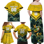 Personalised Kangaroos Rugby Family Matching Off Shoulder Maxi Dress and Hawaiian Shirt Aboriginal Pattern Australia Colors Tribal Sports