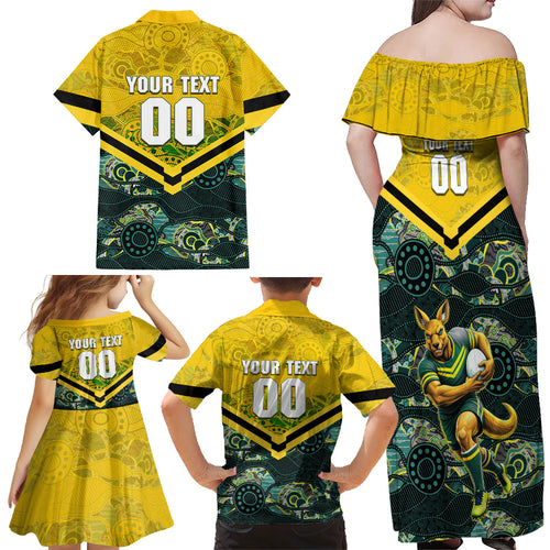 Personalised Kangaroos Rugby Family Matching Off Shoulder Maxi Dress and Hawaiian Shirt Aboriginal Pattern Australia Colors Tribal Sports