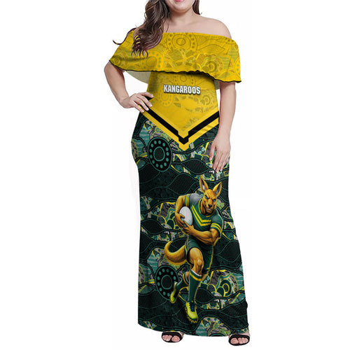 Personalised Kangaroos Rugby Family Matching Off Shoulder Maxi Dress and Hawaiian Shirt Aboriginal Pattern Australia Colors Tribal Sports