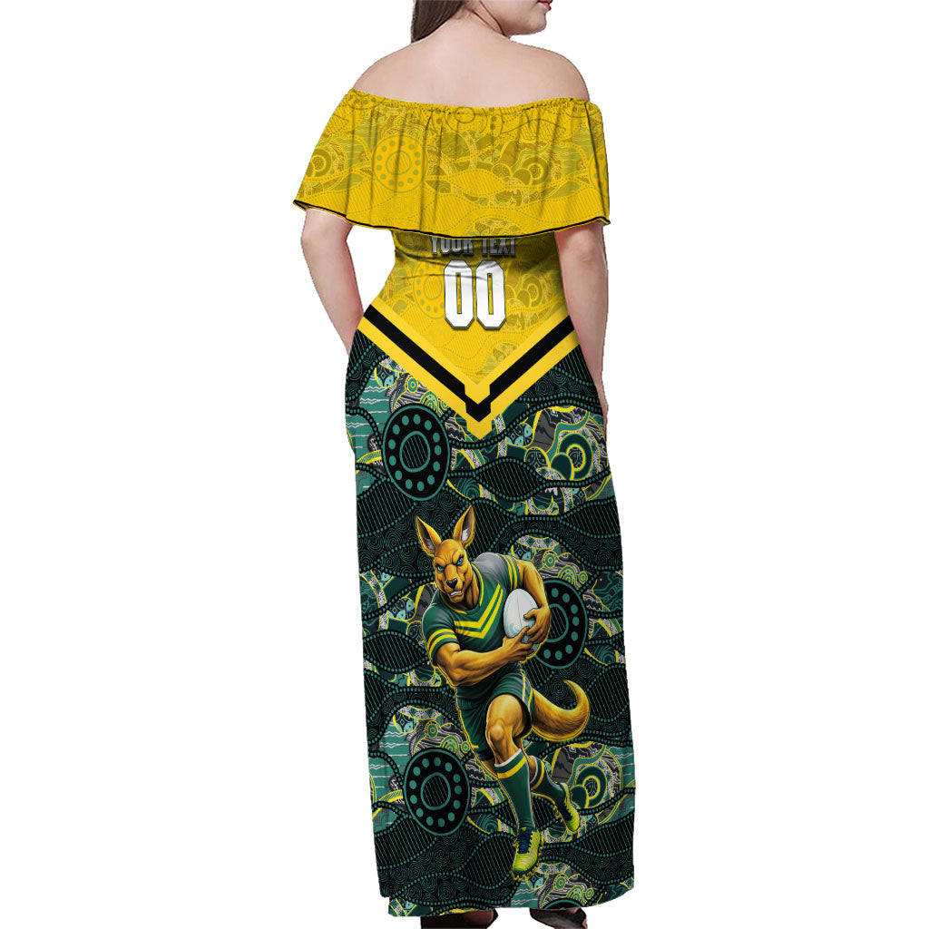 Personalised Kangaroos Rugby Family Matching Off Shoulder Maxi Dress and Hawaiian Shirt Aboriginal Pattern Australia Colors Tribal Sports