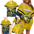 Personalised Kangaroos Rugby Family Matching Off Shoulder Short Dress and Hawaiian Shirt Aboriginal Pattern Australia Colors Tribal Sports