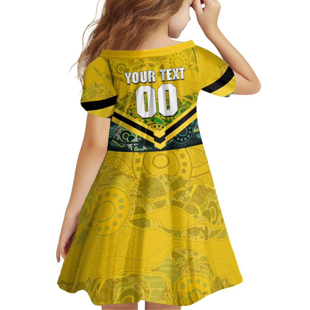 Personalised Kangaroos Rugby Family Matching Off Shoulder Short Dress and Hawaiian Shirt Aboriginal Pattern Australia Colors Tribal Sports