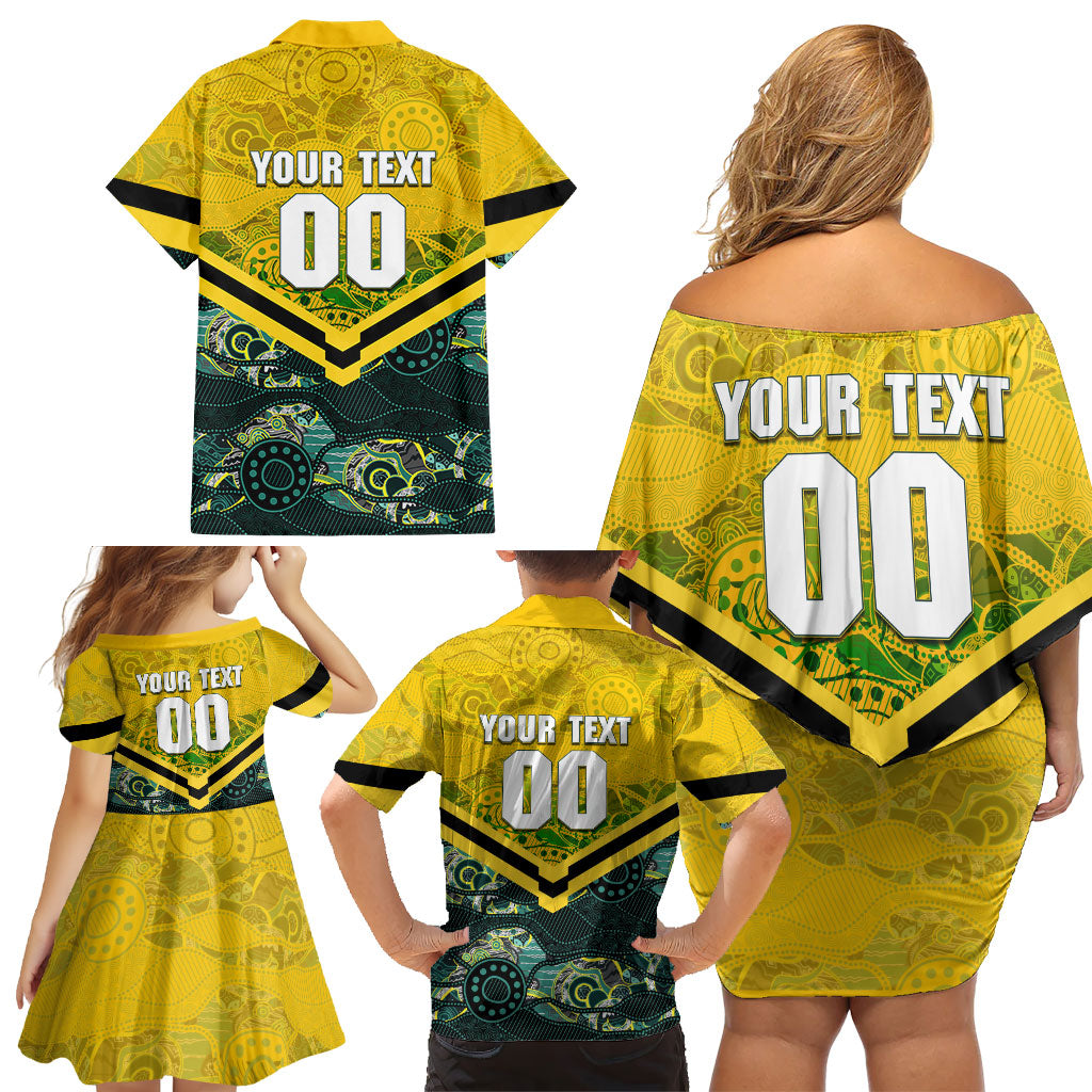 Personalised Kangaroos Rugby Family Matching Off Shoulder Short Dress and Hawaiian Shirt Aboriginal Pattern Australia Colors Tribal Sports