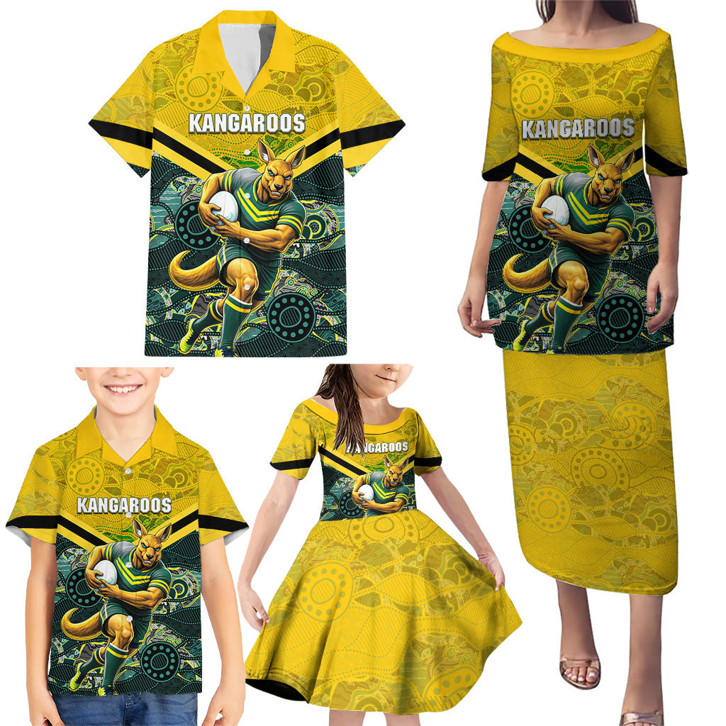 Personalised Kangaroos Rugby Family Matching Puletasi and Hawaiian Shirt Aboriginal Pattern Australia Colors Tribal Sports