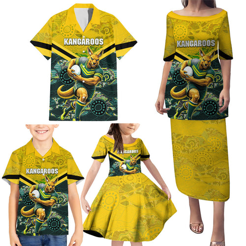 Personalised Kangaroos Rugby Family Matching Puletasi and Hawaiian Shirt Aboriginal Pattern Australia Colors Tribal Sports