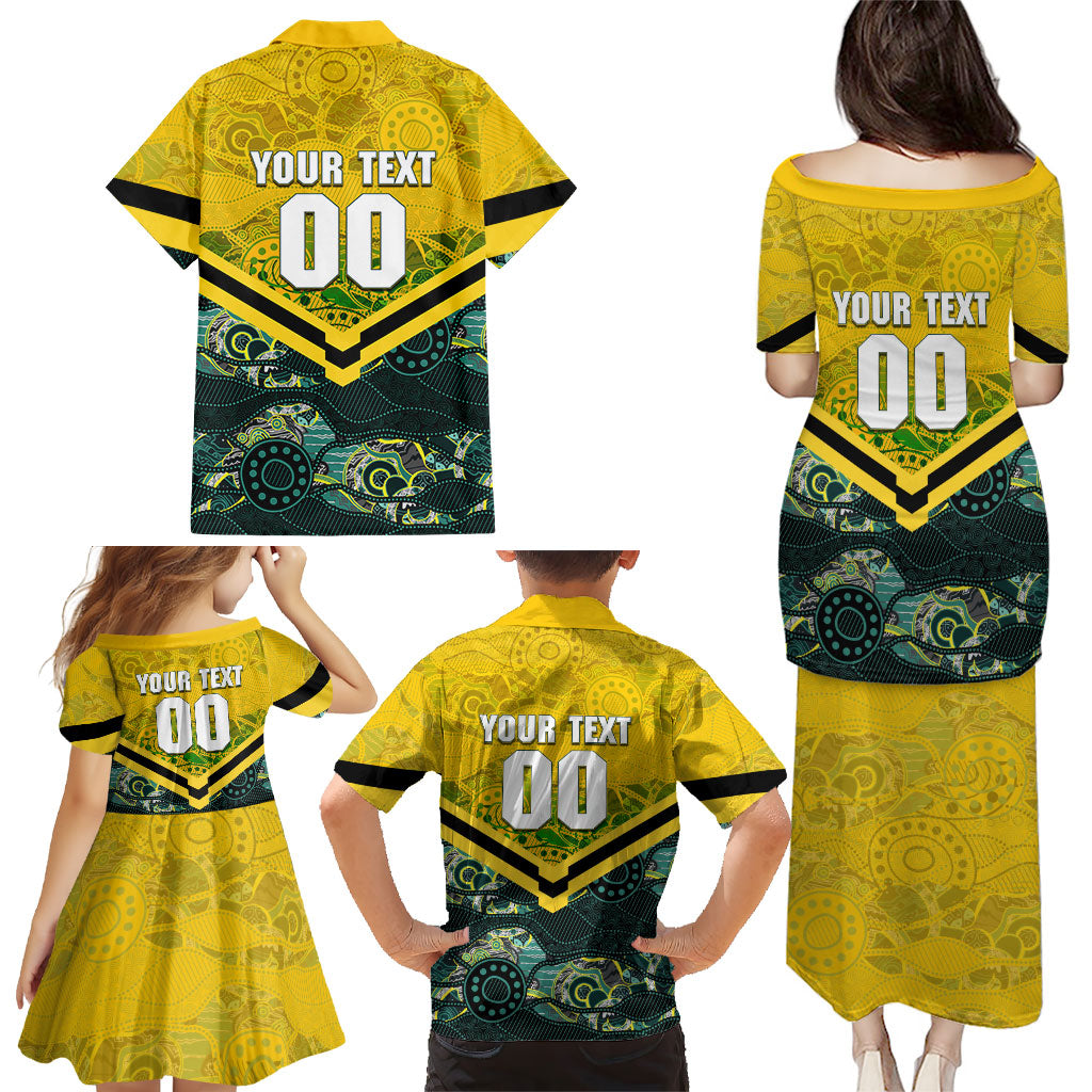 Personalised Kangaroos Rugby Family Matching Puletasi and Hawaiian Shirt Aboriginal Pattern Australia Colors Tribal Sports