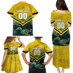 Personalised Kangaroos Rugby Family Matching Puletasi and Hawaiian Shirt Aboriginal Pattern Australia Colors Tribal Sports