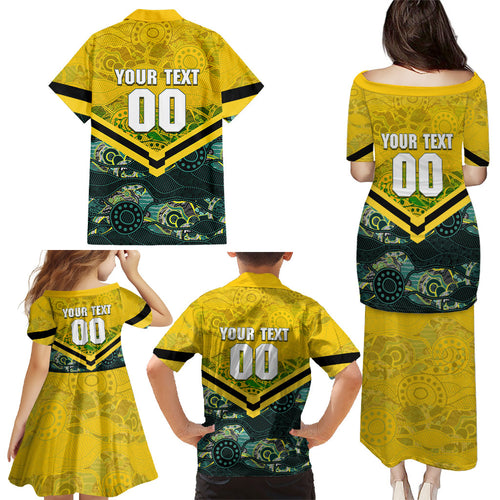 Personalised Kangaroos Rugby Family Matching Puletasi and Hawaiian Shirt Aboriginal Pattern Australia Colors Tribal Sports
