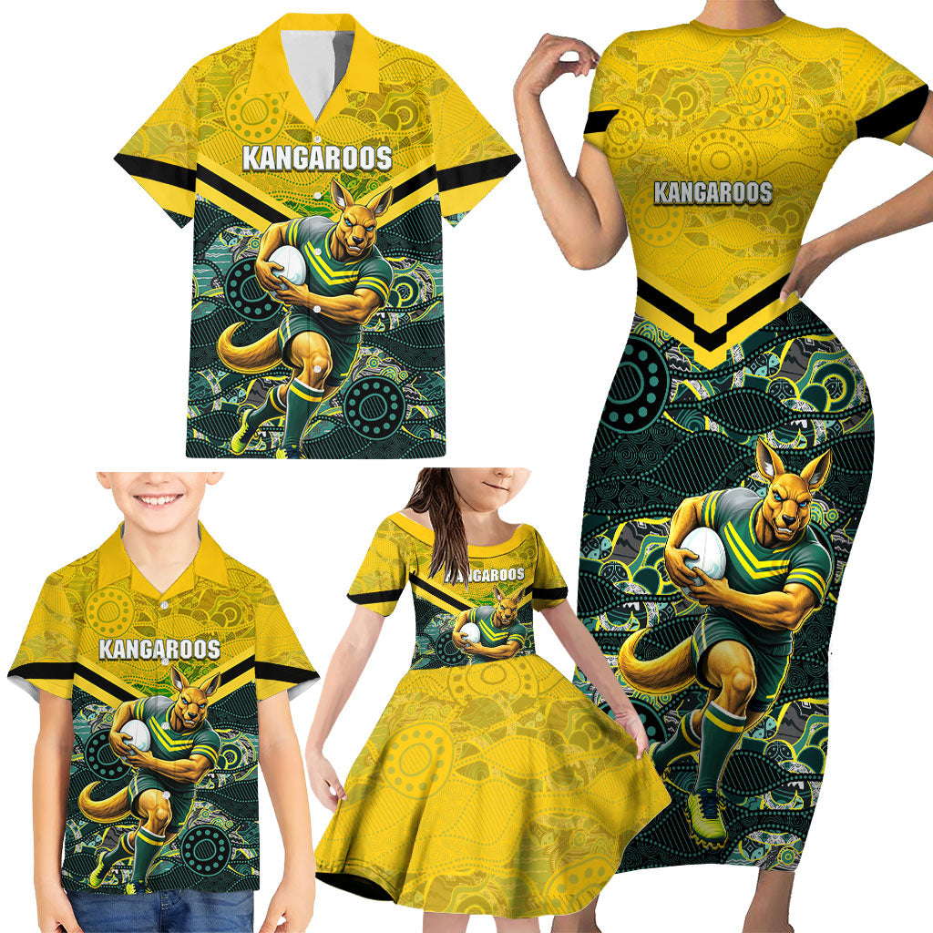 Personalised Kangaroos Rugby Family Matching Short Sleeve Bodycon Dress and Hawaiian Shirt Aboriginal Pattern Australia Colors Tribal Sports