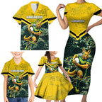 Personalised Kangaroos Rugby Family Matching Short Sleeve Bodycon Dress and Hawaiian Shirt Aboriginal Pattern Australia Colors Tribal Sports