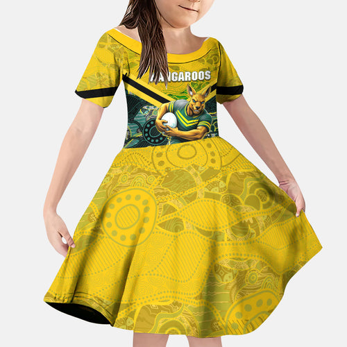 Personalised Kangaroos Rugby Family Matching Short Sleeve Bodycon Dress and Hawaiian Shirt Aboriginal Pattern Australia Colors Tribal Sports