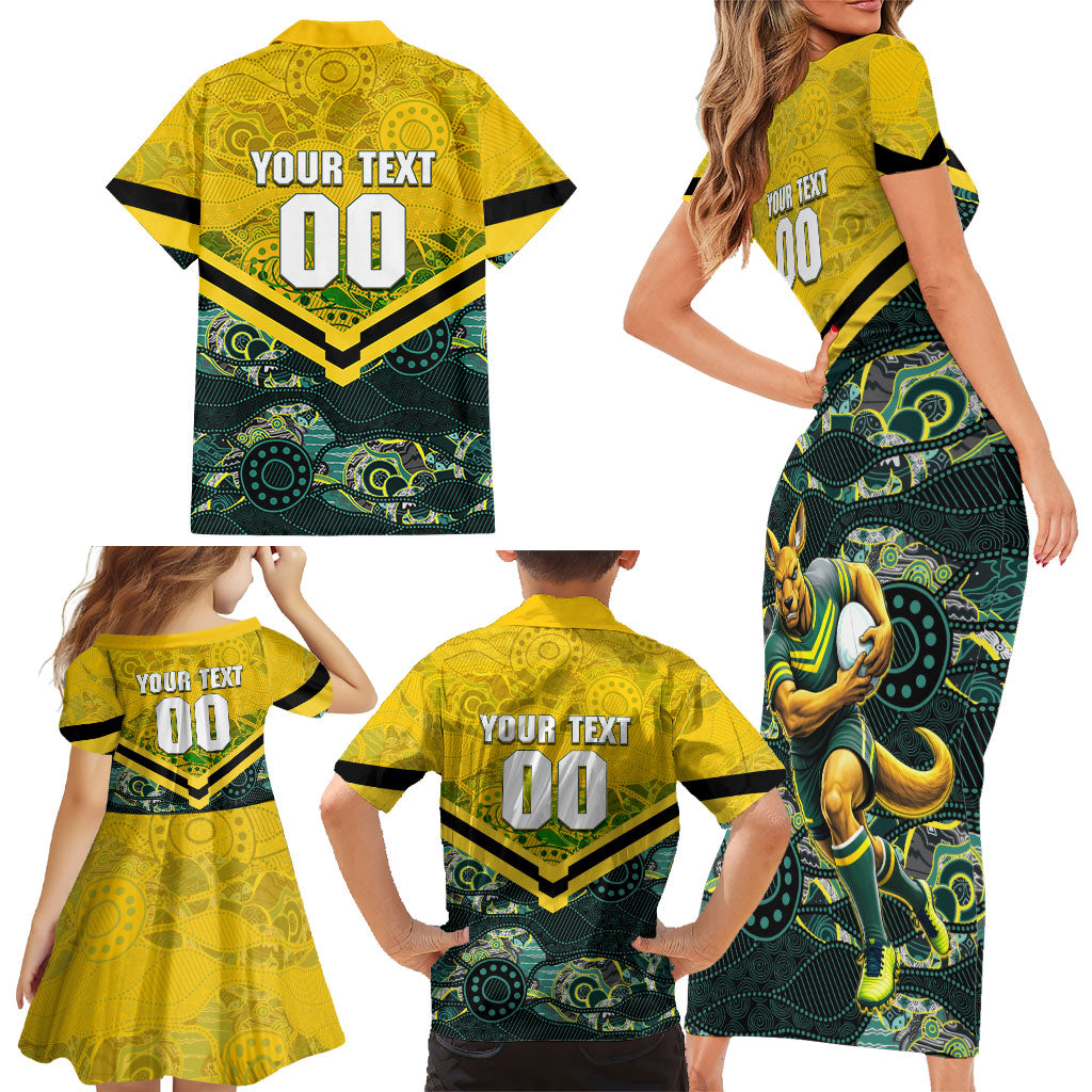 Personalised Kangaroos Rugby Family Matching Short Sleeve Bodycon Dress and Hawaiian Shirt Aboriginal Pattern Australia Colors Tribal Sports