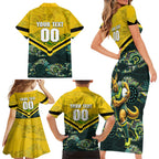 Personalised Kangaroos Rugby Family Matching Short Sleeve Bodycon Dress and Hawaiian Shirt Aboriginal Pattern Australia Colors Tribal Sports