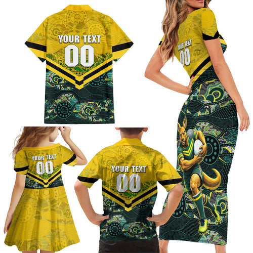Personalised Kangaroos Rugby Family Matching Short Sleeve Bodycon Dress and Hawaiian Shirt Aboriginal Pattern Australia Colors Tribal Sports