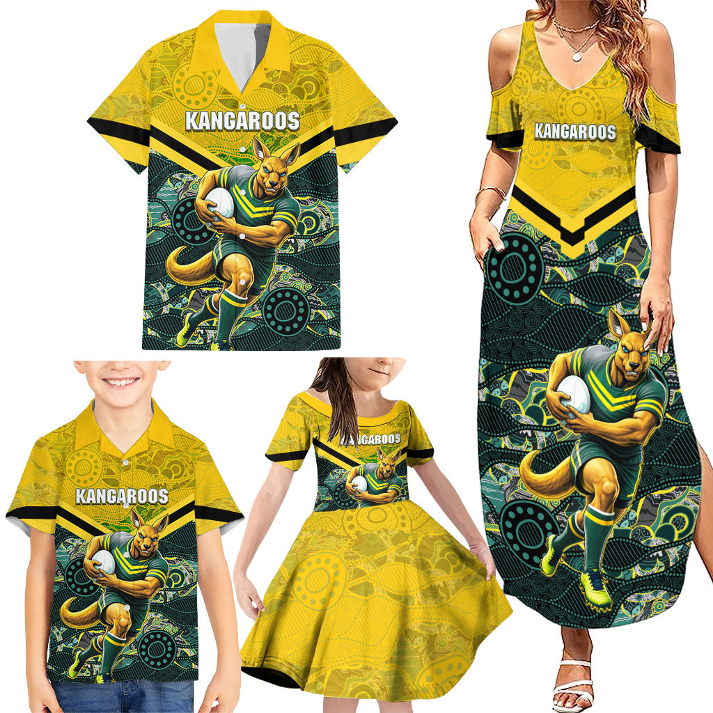Personalised Kangaroos Rugby Family Matching Summer Maxi Dress and Hawaiian Shirt Aboriginal Pattern Australia Colors Tribal Sports
