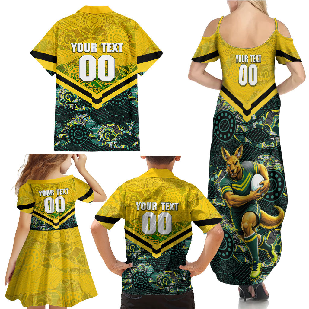 Personalised Kangaroos Rugby Family Matching Summer Maxi Dress and Hawaiian Shirt Aboriginal Pattern Australia Colors Tribal Sports