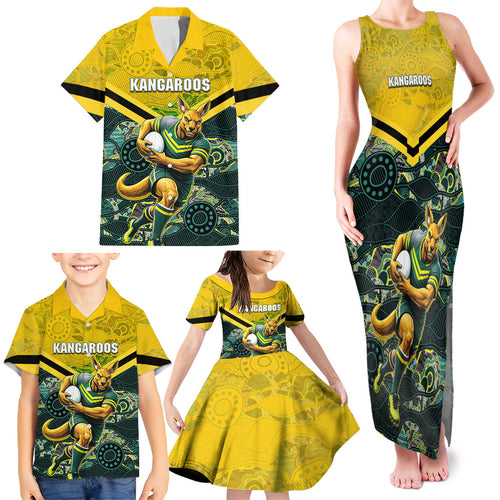 Personalised Kangaroos Rugby Family Matching Tank Maxi Dress and Hawaiian Shirt Aboriginal Pattern Australia Colors Tribal Sports