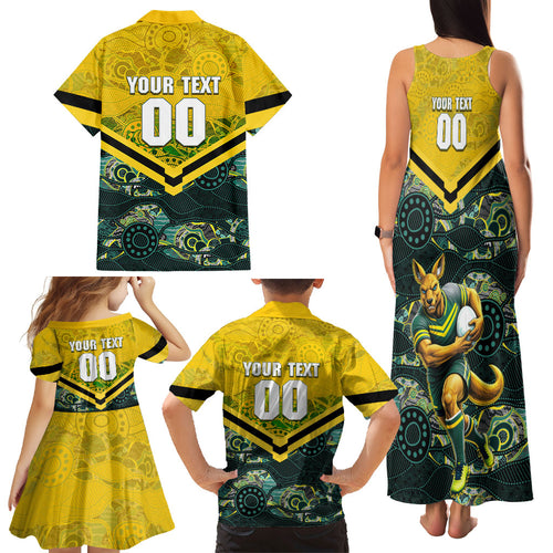 Personalised Kangaroos Rugby Family Matching Tank Maxi Dress and Hawaiian Shirt Aboriginal Pattern Australia Colors Tribal Sports