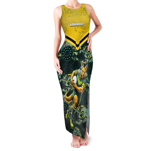 Personalised Kangaroos Rugby Family Matching Tank Maxi Dress and Hawaiian Shirt Aboriginal Pattern Australia Colors Tribal Sports