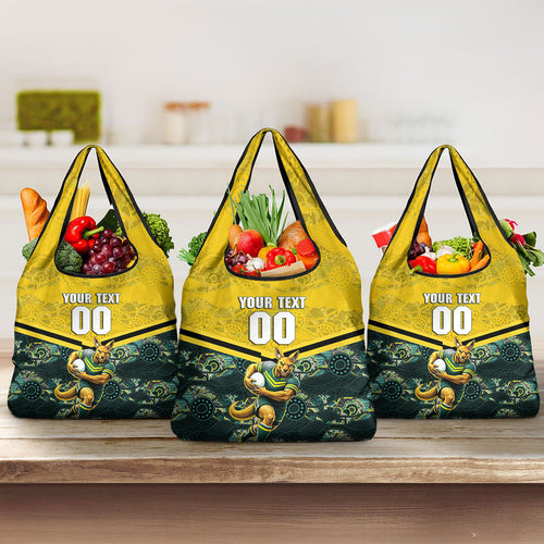 Personalised Kangaroos Rugby Grocery Bag Aboriginal Pattern Australia Colors Tribal Sports