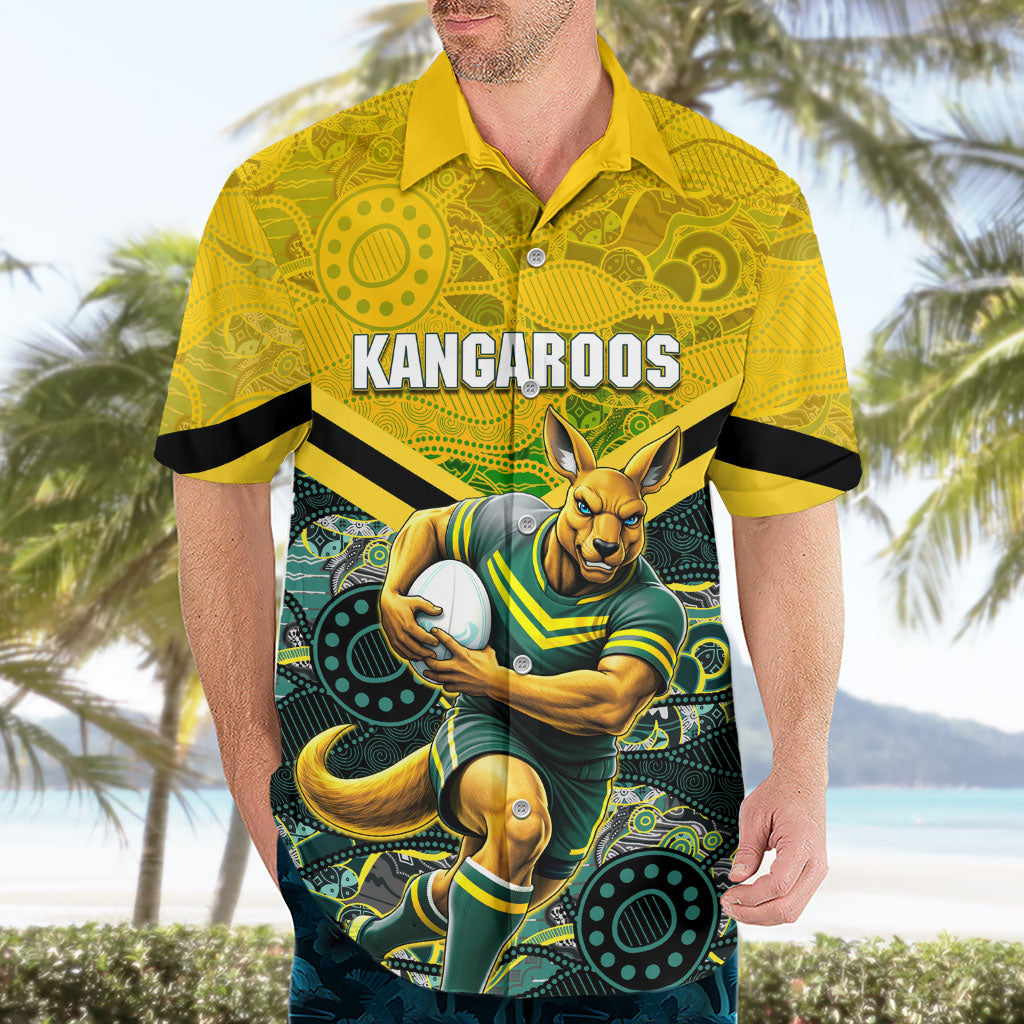 Personalised Kangaroos Rugby Hawaiian Shirt Aboriginal Pattern Australia Colors Tribal Sports