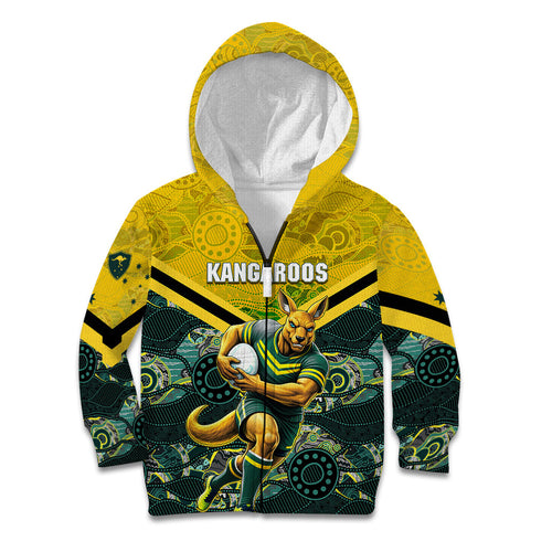 Personalised Kangaroos Rugby Kid Hoodie Aboriginal Pattern Australia Colors Tribal Sports